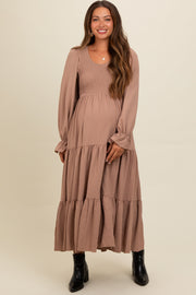 Mocha Smocked Tiered Long Sleeve Maternity Maxi Dress