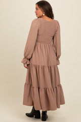 Mocha Smocked Tiered Long Sleeve Maternity Maxi Dress