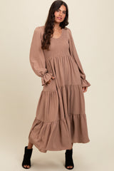 Mocha Smocked Tiered Long Sleeve Maxi Dress