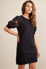 Black Knit Beaded Floral Mesh Sleeve Mini Dress