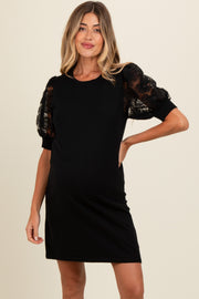 Black Knit Beaded Floral Mesh Sleeve Maternity Mini Dress