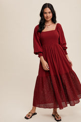 Burgundy Smocked Eyelet Lace Hem Maxi Dress