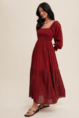 Burgundy Smocked Eyelet Lace Hem Maxi Dress