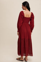 Burgundy Smocked Eyelet Lace Hem Maxi Dress