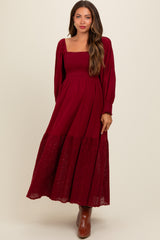 Burgundy Smocked Eyelet Lace Hem Maternity Maxi Dress