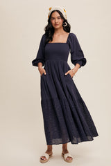 Navy Blue Smocked Eyelet Lace Hem Maxi Dress