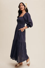 Navy Blue Smocked Eyelet Lace Hem Maxi Dress