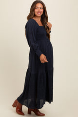 Navy Blue Smocked Eyelet Lace Hem Maternity Maxi Dress