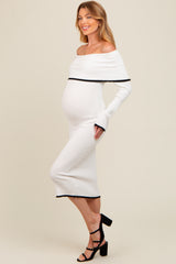 Ivory Knit Off Shoulder Contrast Ruffle Trim Maternity Dress