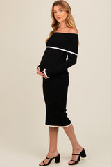 Black Knit Off Shoulder Contrast Ruffle Trim Maternity Dress