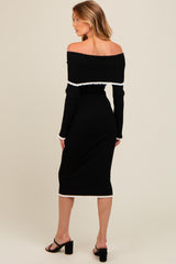 Black Knit Off Shoulder Contrast Ruffle Trim Maternity Dress