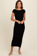 Black Knit Low Back Side Slit Maternity Dress