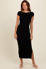 Black Knit Low Back Side Slit Dress