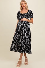 Black Floral Smocked Sweetheart Neckline Maternity Midi Dress