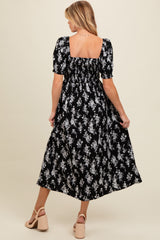 Black Floral Smocked Sweetheart Neckline Maternity Midi Dress