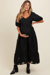 Black Floral Textured Tiered Midi Maternity Dress