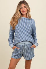 Blue Checkered Plaid Pullover Shorts Maternity Set