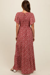 Burgundy Floral Smocked Flutter Sleeve Maxi Dress