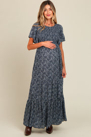 Navy Blue Floral Smocked Flutter Sleeve Maternity Maxi Dress