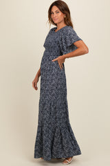 Navy Blue Floral Smocked Flutter Sleeve Maxi Dress