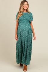 Deep Teal Floral Smocked Flutter Sleeve Maternity Maxi Dress