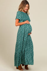 Deep Teal Floral Smocked Flutter Sleeve Maternity Maxi Dress