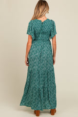 Deep Teal Floral Smocked Flutter Sleeve Maternity Maxi Dress