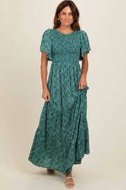 Deep Teal Floral Smocked Flutter Sleeve Maxi Dress