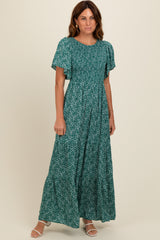 Deep Teal Floral Smocked Flutter Sleeve Maxi Dress