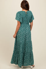 Deep Teal Floral Smocked Flutter Sleeve Maxi Dress