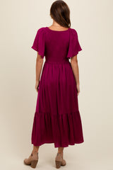 Deep Red Satin Smocked Midi Dress