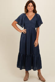 Navy Blue Satin Smocked Midi Dress