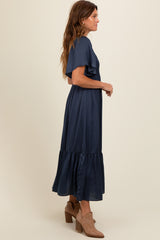 Navy Blue Satin Smocked Midi Dress