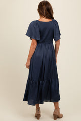 Navy Blue Satin Smocked Midi Dress