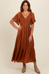 Camel Satin Smocked Midi Dress