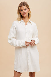 White Rolled Cuff Button Down Dress