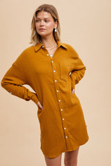 Camel Rolled Cuff Maternity Button Down Dress