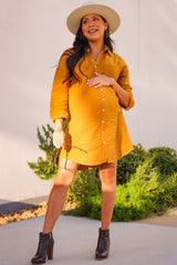 Camel Rolled Cuff Maternity Button Down Dress