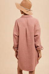 Mauve Rolled Cuff Button Down Dress