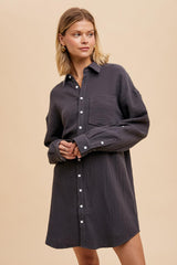 Charcoal Rolled Cuff Maternity Button Down Dress