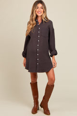 Charcoal Rolled Cuff Maternity Button Down Dress