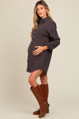 Charcoal Rolled Cuff Maternity Button Down Dress