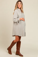 Light Olive Rolled Cuff Maternity Button Down Dress