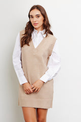 Beige Layered Sweater Shirt Maternity Mini Dress