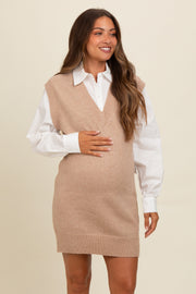 Beige Layered Sweater Shirt Maternity Mini Dress