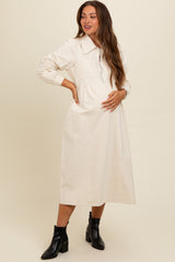 Cream Half Zip Front Pocket Collared Maternity Midi Dress