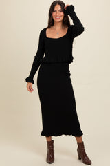 Black Ruffle Hem Knit Top And Midi Skirt Maternity Set