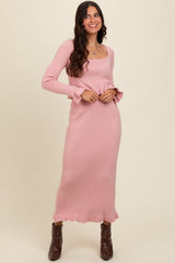 Pink Ruffle Hem Knit Top And Midi Skirt Set