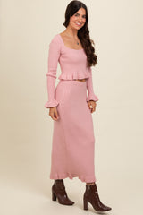 Pink Ruffle Hem Knit Top And Midi Skirt Set