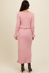 Pink Ruffle Hem Knit Top And Midi Skirt Set